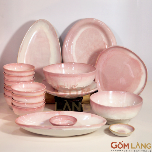 Gốm Làng Bộ Bát Đĩa Bát Tràng 19 Món Hoa Anh Đào Men Hỏa Biến Cao Cấp