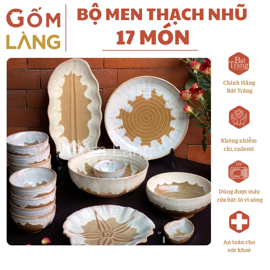 Bộ Bát Đĩa Bát Tràng Men Thạch Nhũ 17 Món Cao Cấp Gốm Làng