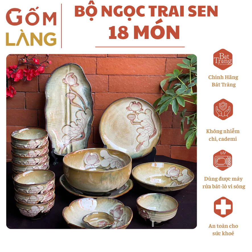 Bộ Bát Đĩa Bát Tràng Ngọc Trai Sen 18 Món Cao Cấp Gốm Làng