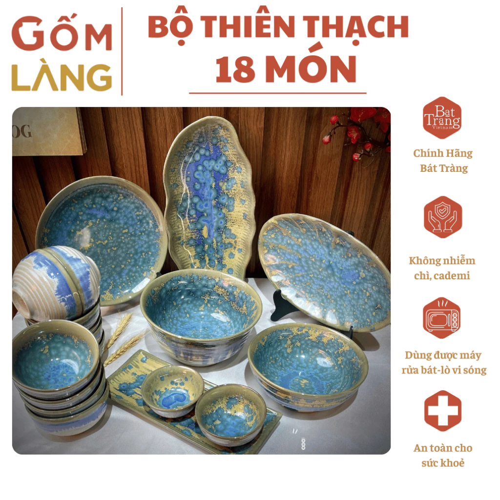Bộ Bát Đĩa Bát Tràng Men Hỏa Biến Thiên Thạch 18 Món Thủ Công Nghệ Thuật Gốm Làng